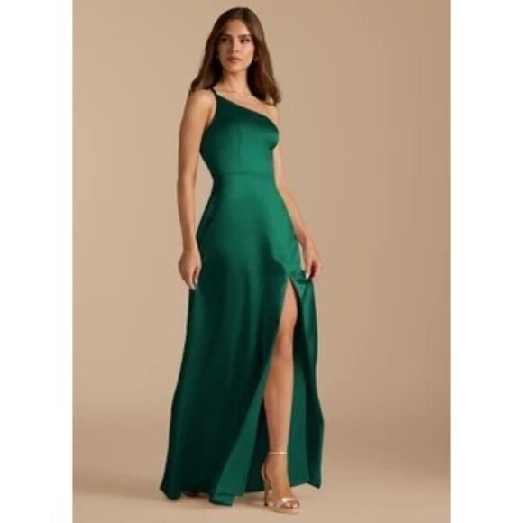 AZAZIE Green Satin One-Shoulder Midi Dress With Adjustable Straps - Picture 1 of 16
